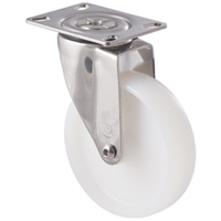 150kg Rated Stainless Steel Heavy Duty Castor - Nylon Wheel - 125mm - Plate Swivel - Plain Bearing - ISO