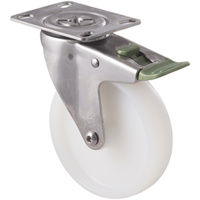 150kg Rated Stainless Steel Heavy Duty Castor - Nylon Wheel - 125mm - Plate Directional Lock - Plain Bearing - ISO