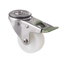 150kg Rated Stainless Steel Heavy Duty Castor - Nylon Wheel - 75mm - Bolt Hole Directional Lock - Plain Bearing