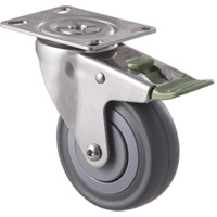 140kg Rated Stainless Steel Heavy Duty Castor - Grey Rubber Wheel - 100mm - Plate Directional Lock - Plain Bearing - ISO