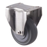 140kg Rated Stainless Steel Heavy Duty Castor - Grey Rubber Wheel - 100mm - Plate Fixed - Ball Bearing - ISO