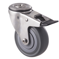 140KG Stainless Steel Heavy Duty Castor - Grey Rubber Wheel - 100mm - Bolt Hole Brake - Ball Bearing