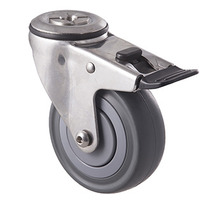 140kg Rated Stainless Steel Heavy Duty Castor - Grey Rubber Wheel - 100mm - Bolt Hole Brake - Ball Bearing