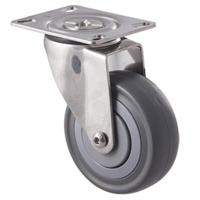 140kg Rated Stainless Steel Heavy Duty Castor - Grey Rubber Wheel - 100mm - Plate Swivel - Ball Bearing - ISO