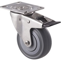 140KG Stainless Steel Heavy Duty Castor - Grey Rubber Wheel - 100mm - Plate Brake - Ball Bearing - ISO