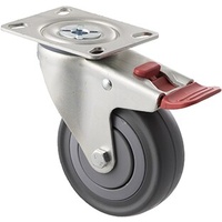 140KG Industrial Castor - Grey Rubber Wheel - 100mm - Plate Brake - Ball Bearing - ISO