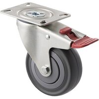 140kg Rated Industrial Castor - Grey Rubber Wheel - 100mm - Plate Brake - Ball Bearing - ISO