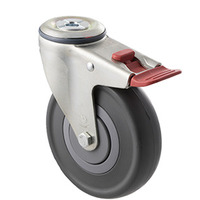 150kg Rated Industrial Castor - Grey Rubber Wheel - 125mm - Bolt Hole Brake - Ball Bearing