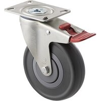 150kg Rated Industrial Castor - Grey Rubber Wheel - 125mm - Plate Brake - Ball Bearing - NA