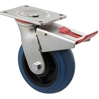 400kg Rated Industrial Hi Resilience Castor - Rubber Wheel - 150mm - Plate Brake - Ball Bearing - NA