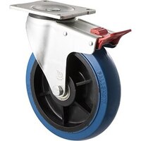 400kg Rated Industrial Hi Resilience Castor - Rubber Wheel - 200mm - Plate Brake - Ball Bearing - NA