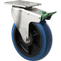 400kg Rated Industrial Hi Resilience Castor - Rubber Wheel - 200mm - Plate Direction Lock - Ball Bearing - NA