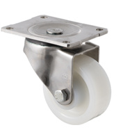 350kg Rated Stainless Steel Heavy Duty Castor - White Nylon Wheel - 100mm - Plate Swivel - Plain Bearing - ISO