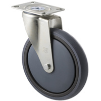 200kg Rated Industrial Castor - Grey Rubber Wheel - 175mm - Plate Swivel - Plain Bearing - ISO