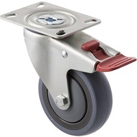 100kg Rated Industrial Castor - Grey Rubber Wheel - 100mm - Plate Brake - Ball Bearing - ISO