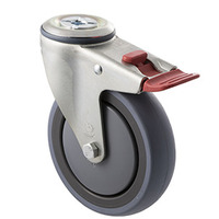 100kg Rated Industrial Castor - Grey Rubber Wheel - 125mm - Bolt Hole Brake - Ball Bearing