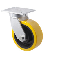 2000kg Rated Industrial Cast Iron Castor - Polyurethane on Cast Iron Wheel - 203mm - Plate Swivel - Ball Bearing