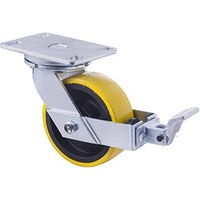 1000KG Industrial Cast Iron Castor - Polyurethane on Cast Iron Wheel - 152mm - Plate Brake - Ball Bearing