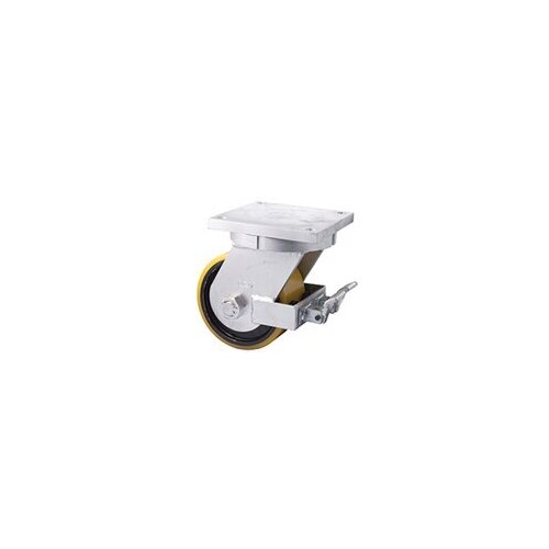 3000kg Rated Heavy duty Castor Cast Iron Wheel - Polyurethane Tyre - 200mm - Plate Brake - Ball Bearing