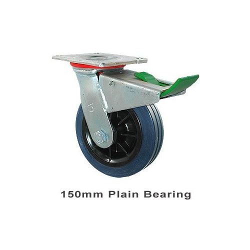 230kg Rated Industrial Hi Resilience Castor - Rubber Tyre - 150mm - Plate Direction Lock - Plain Bearing - NA