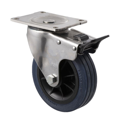 230kg Rated Industrial Hi Resilience Castor - Rubber Tyre - 150mm - Plate Brake - Plain Bearing - NA