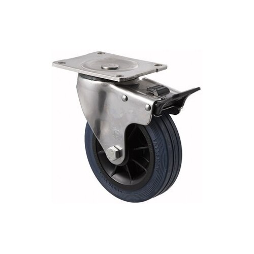 230kg Rated Industrial Hi Resilience Castor - Rubber Tyre - 150mm - Plate Brake - Plain Bearing - ISO