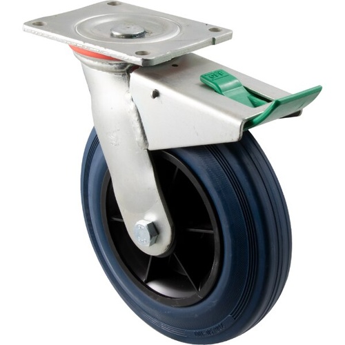250kg Rated Industrial Hi Resilience Castor- Rubber Tyre - 200mm - Plate Direction Lock - Plain Bearing - ISO