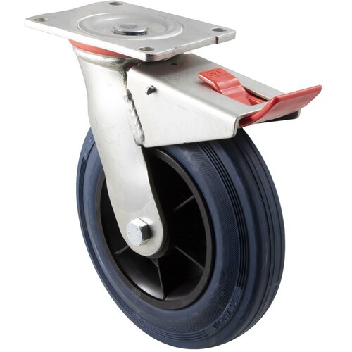 250kg Rated Industrial Hi Resilience Castor- Rubber Tyre - 200mm - Plate Brake - Plain Bearing - NA