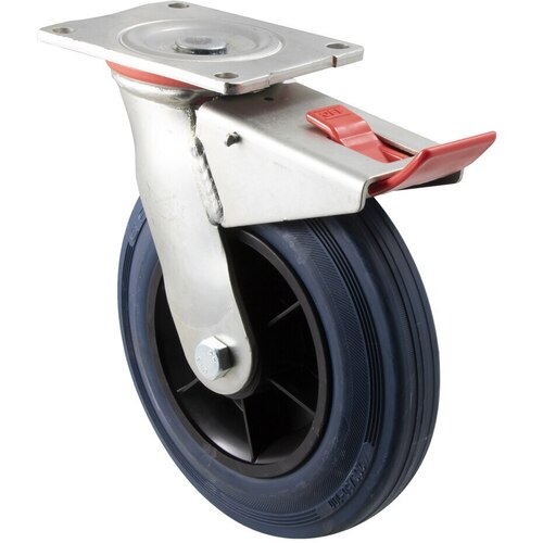 250kg Rated Industrial Hi Resilience Castor- Rubber Tyre - 200mm - Plate Brake - Plain Bearing - ISO