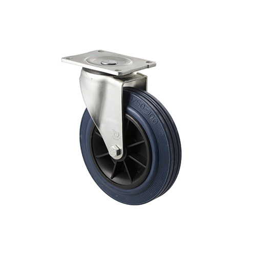 250kg Rated Industrial Hi Resilience Castor- Rubber Tyre - 200mm -Plate Swivel - Plain Bearing - ISO
