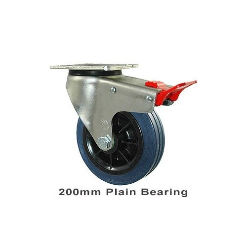 250kg Rated Industrial Hi Resilience Castor- Rubber Tyre - 200mm Plate Brake - Plain Bearing - NA