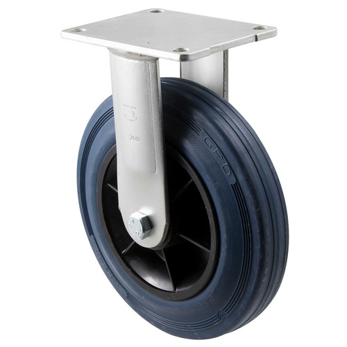 250kg Rated Industrial Stainless Steel Hi Resilience Castor - Rubber Tyre - 200mm - Plate Fixed - Plain Bearing - ISO