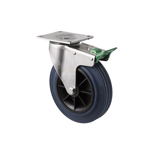 250kg Rated Industrial Stainless Steel Hi Resilience Castor - Rubber Tyre - 200mm - Plate Direction Lock - Plain Bearing - ISO