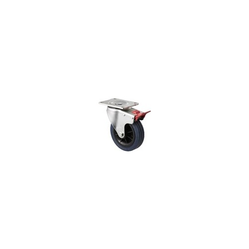 230kg Rated Industrial Hi Resilience Castor - Rubber Tyre - 150mm - Plate Brake - Roller Bearing - ISO