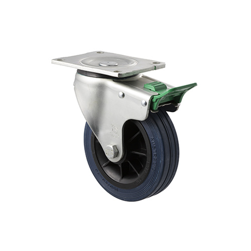 230kg Rated Industrial Hi Resilience Castor - Rubber Tyre - 150mm - Plate Direction Lock - Roller Bearing - ISO