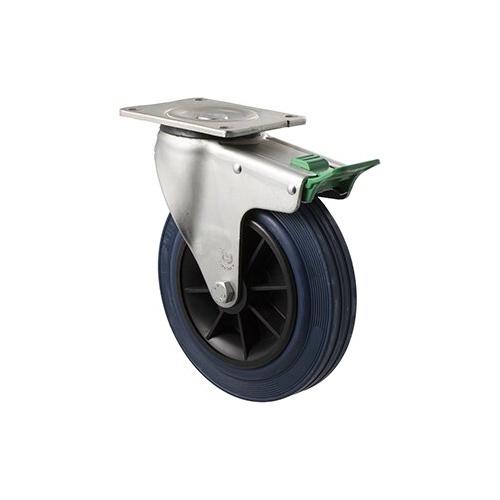 250kg Rated Industrial Hi Resilience Castor - Rubber Tyre - 200mm - Plate Direction Lock - Roller Bearing - ISO