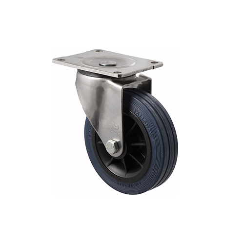 230kg Rated Industrial Stainless Steel Hi Resilience Castor - Rubber Tyre - 150mm - Plate Swivel - Roller Bearing - ISO