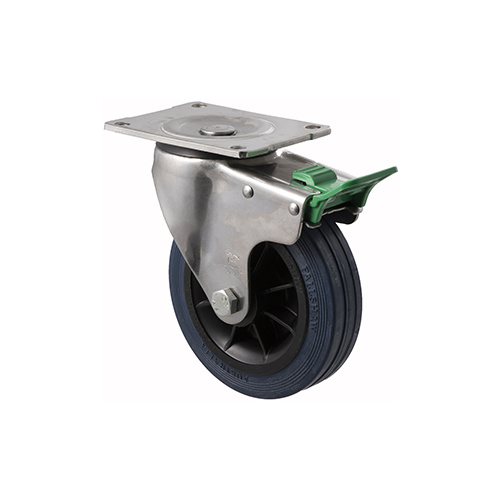 230kg Rated Industrial Stainless Steel Hi Resilience Castor - Rubber Tyre - 150mm - Plate Direction Lock - Roller Bearing - ISO