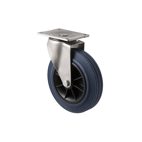 250kg Rated Industrial Stainless Steel Hi Resilience Castor - Rubber Tyre - 200mm - Plate Swivel - Roller Bearing - NA