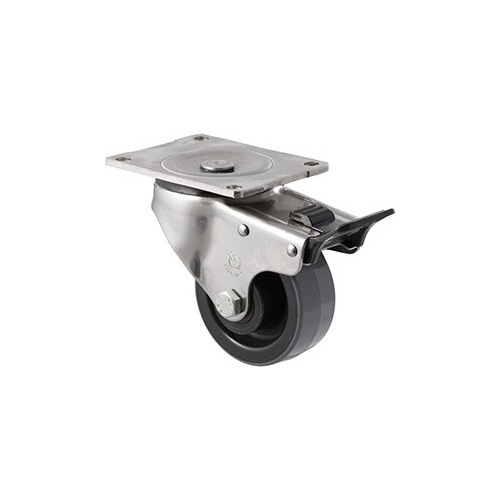 300kg Rated Industrial Polyurethane Castor - Nylon Tyre - 100mm - Plate Brake - Plain Bearing - NA