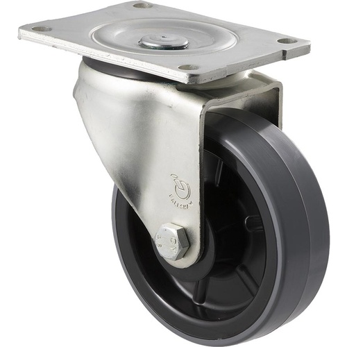 350kg Rated Industrial Polyurethane Castor - Nylon Tyre - 125mm - Plate Swivel - Plain Bearing - NA