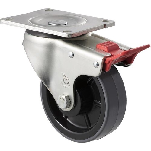 350kg Rated Industrial Polyurethane Castor - Nylon Tyre - 125mm - Plate Brake - Plain Bearing - ISO