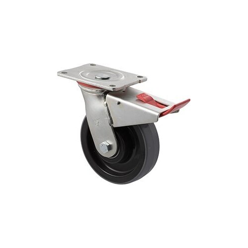 450kg Rated Industrial Polyurethane Castor - Nylon Tyre - 150mm - Plate Brake - Plain Bearing - ISO