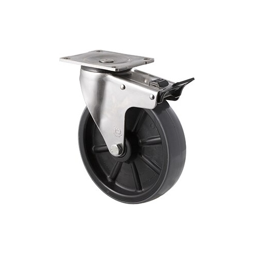 450kg Rated Industrial Stainless Steel Polyurethane Castor - Nylon Tyre - 200mm - Plate Brake - Plain Bearing - NA