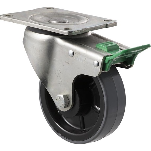 350kg Rated Industrial Polyurethane Castor - Nylon Tyre - 125mm - Plate Direction Lock - Roller Bearing - NA