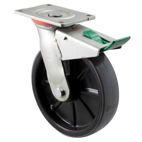 500kg Rated Industrial Polyurethane Castor - Nylon Tyre - 200mm - Plate Direction Lock - Roller Bearing - ISO