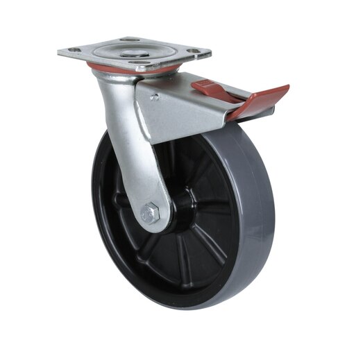 500kg Rated Industrial Polyurethane Castor - Nylon Tyre - 200mm - Plate Brake - Roller Bearing - NA