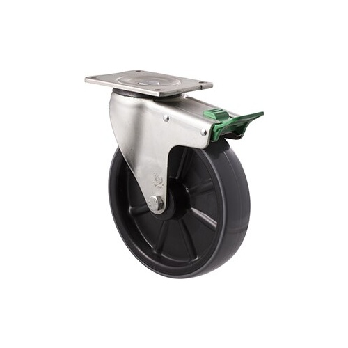 500kg Rated Industrial Polyurethane Castor - Nylon Tyre - 200mm - Plate Direction Lock - Roller Bearing - NA
