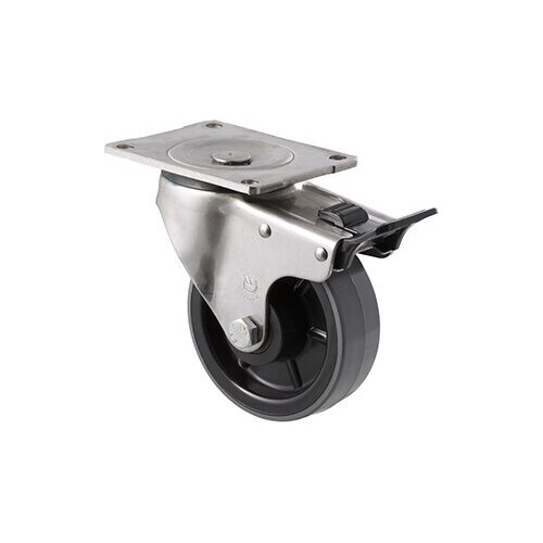 350kg Rated Industrial Stainless Steel Polyurethane Castor - Nylon Tyre- 125mm - Plate Brake - Roller Bearing - NA