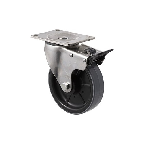 450kg Rated Industrial Stainless Steel Polyurethane Castor - Nylon Tyre- 150mm - Plate Brake - Roller Bearing - NA